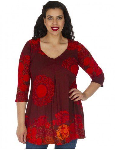 t-shirt-grande-taille-rouge-imprimé ethnique