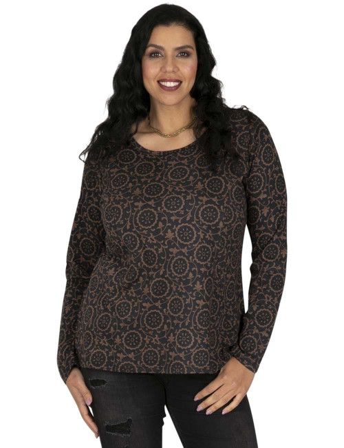 T-shirt-mulher-mais-tamanho-étnico-outono