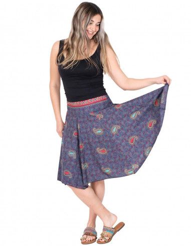 saia midi-seda estampada de verão azul