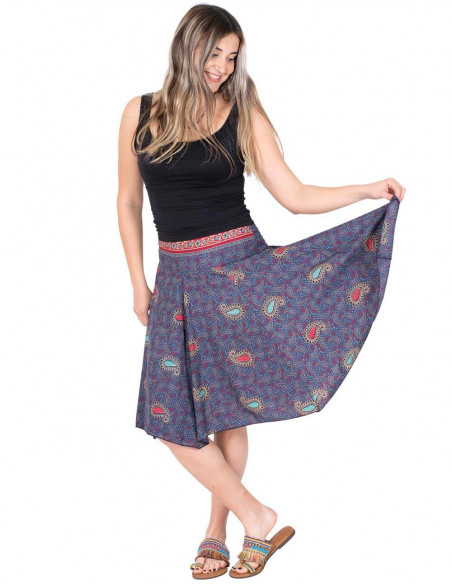 Blauer Sommer-bedruckter Seiden-Midi-Rock