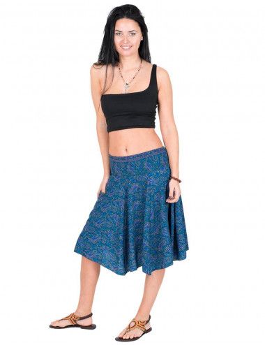 saia midi-seda estampada de verão azul
