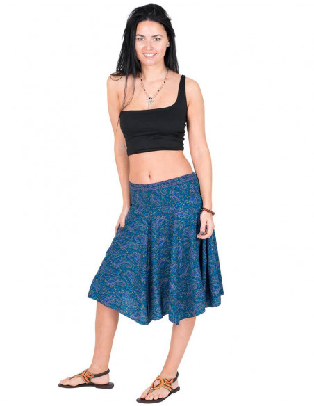 Blauer Sommer-bedruckter Seiden-Midi-Rock
