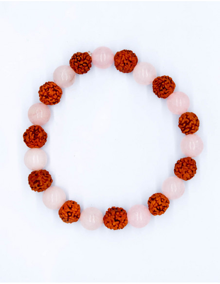 Semente Rudraksha e pulseira de quartzo rosa