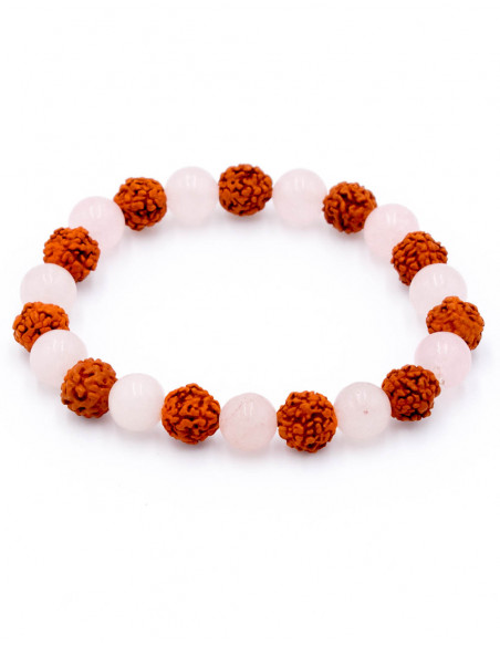 Bracciale con semi di Rudraksha e quarzo rosa