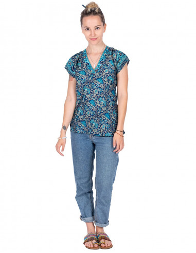 T-shirt in seta stampata Blu