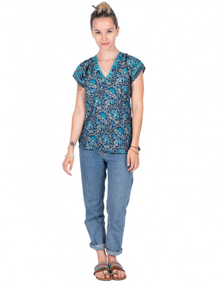 T-shirt Soie Imprimée Bleu