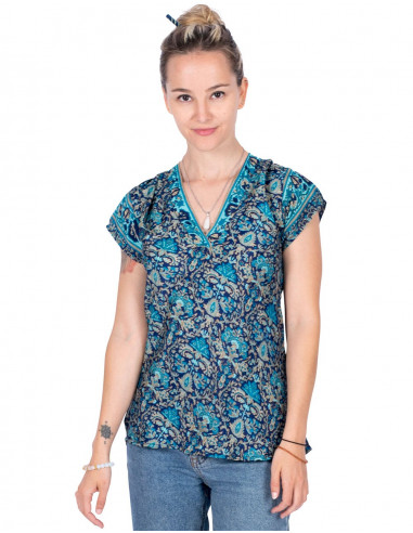 Bedrucktes Seiden-T-Shirt Blau