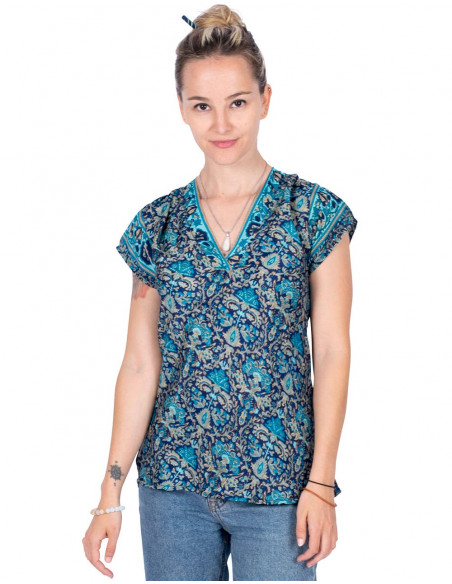 T-shirt in seta stampata Blu