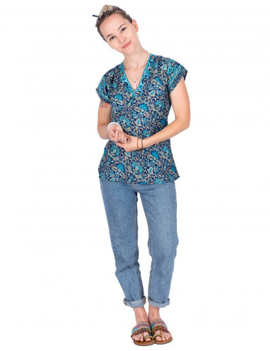 T-shirt in seta stampata Blu