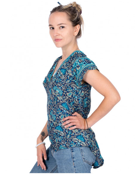 T-shirt Soie Imprimée Bleu