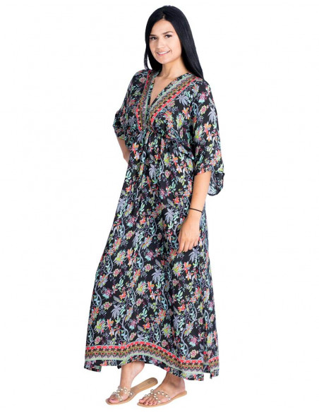 Vestido de seda preto estampado