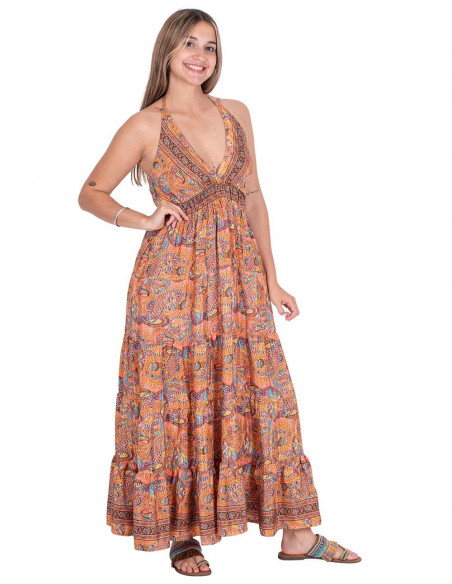 Langes orangefarbenes Paisley-Kleid