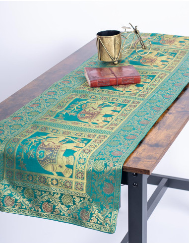 Green table runner with Elephants