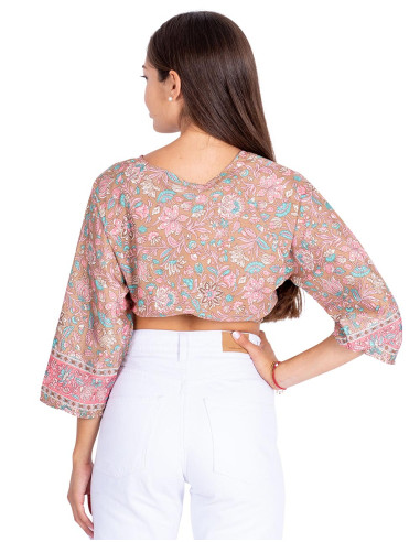 Top Cropped Bege Estampado