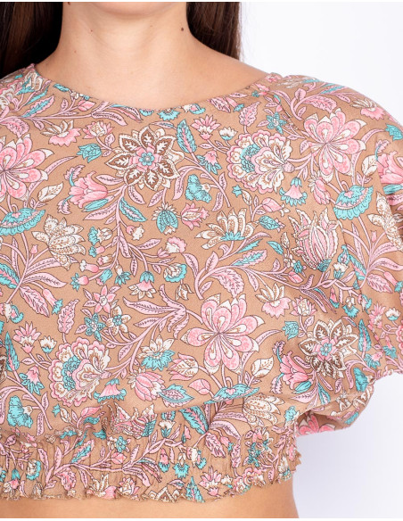 Top corto beige stampato