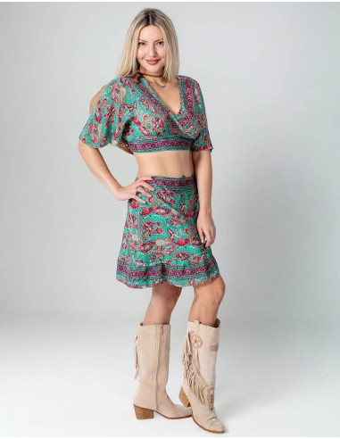 Conjunto de top e saia de seda estampada:...