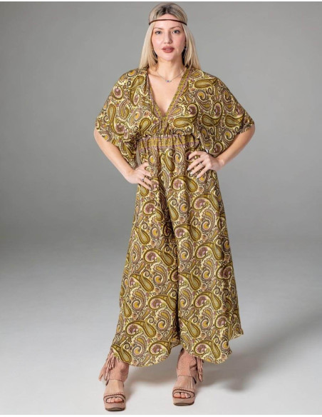 Gelb bedruckter Seidenoverall im Boho-Stil mit Paisley-Motiven