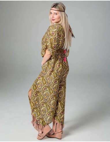 Gelb bedruckter Seidenoverall im Boho-Stil mit...