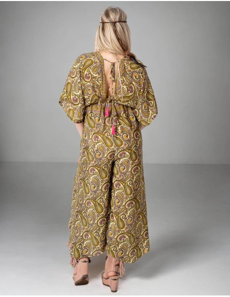 Boho Style Yellow Printed Silk Jumpsuit with Paisley Designs