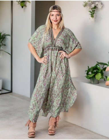 Boho Style Printed Silk Jumpsuit with Short Sleeves and V-Neckline