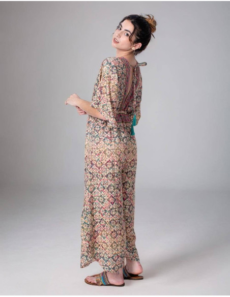 Bedruckter Seidenoverall im Boho-Stil mit Krawatte auf der Rückseite