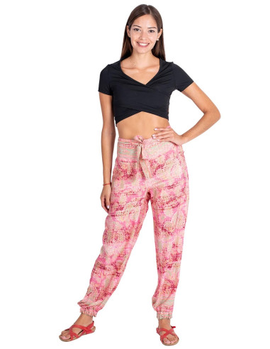Calça de Seda Estampada em Tons Rosa