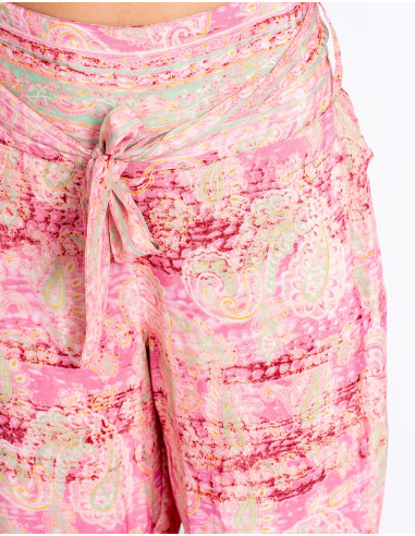 Pantaloni in seta stampata nei toni del rosa