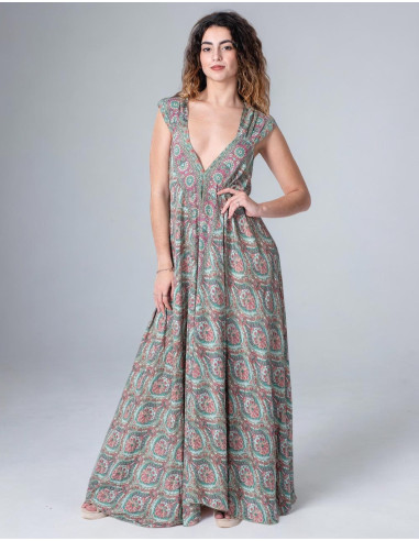 Long Printed Silk Dress with Plunging Neckline