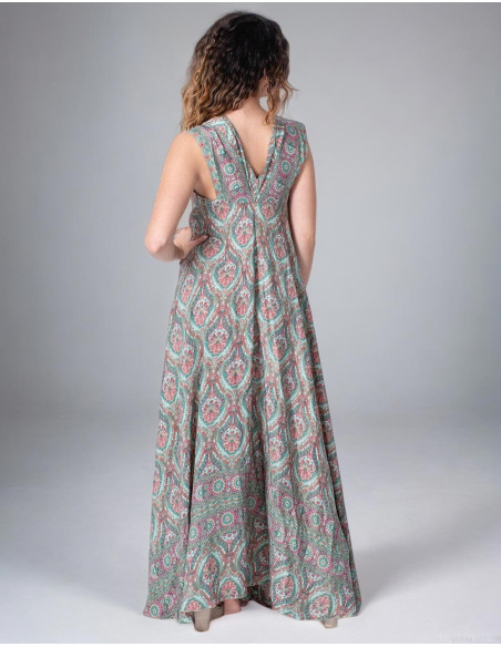 Long Printed Silk Dress with Plunging Neckline