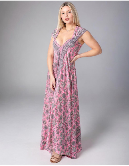 Long Printed Silk Dress in Pink Tones for Spring Summer