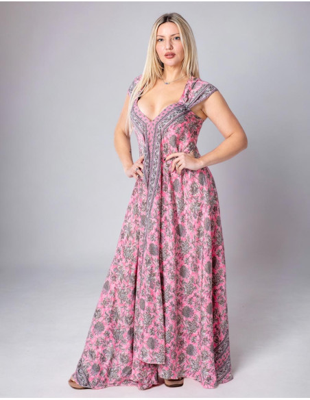 Long Printed Silk Dress in Pink Tones for Spring Summer