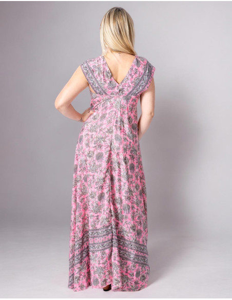 Vestido Longo de Seda Estampado em Tons Rosa para Primavera Verão