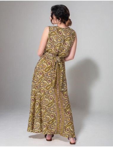 Printed Silk Wrap Dress in Yellow Tones with...