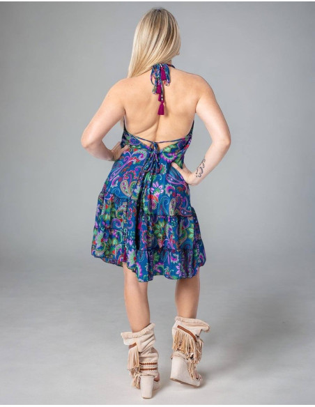 Vestido estilo Boho com fundo azul seda estampado sem costas