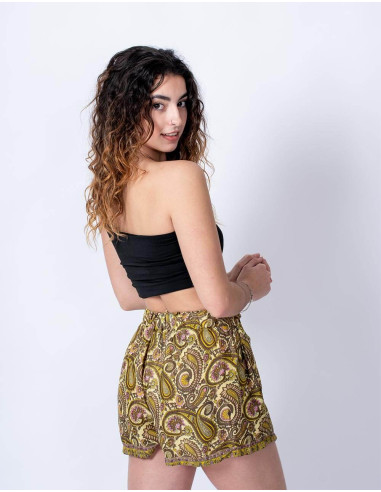 Shorts in Seta Stampata nei Toni del Giallo con...