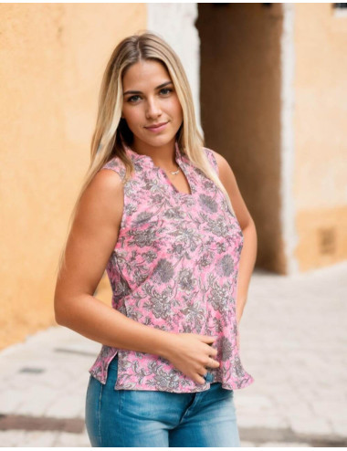 Pink Silk T-shirt with Gray...