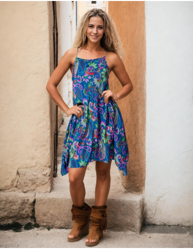 Abito in seta blu con stampa Paisley