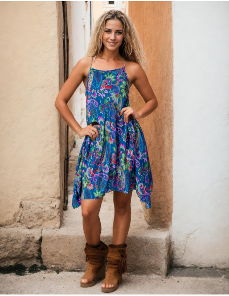 Abito in seta blu con stampa Paisley