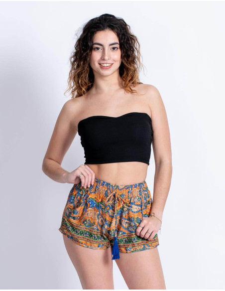 Silk Shorts with Paisley Print Orange Background