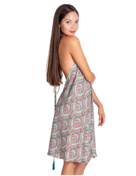 Vestido de seda estampado fresco sem costas