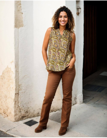 T-shirt basic senza maniche in seta con stampa Paisley