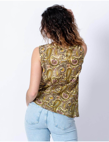 T-shirt basic senza maniche in seta con stampa...