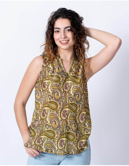T-shirt basic senza maniche in seta con stampa Paisley