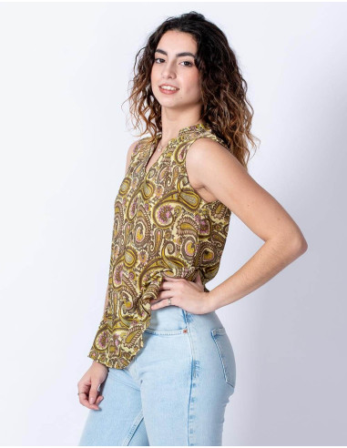 Camiseta básica de seda sem mangas com estampa...