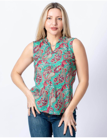 T-shirt in seta stampata semplice e alla moda senza maniche