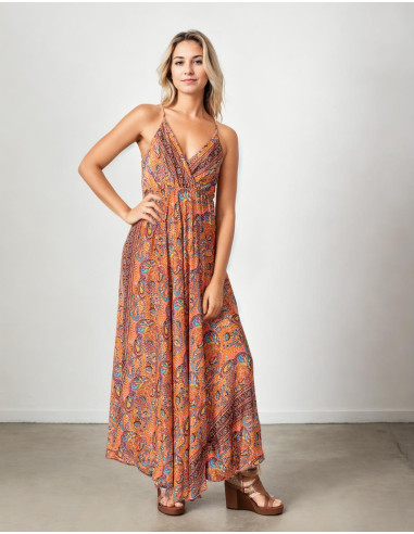 Robe Longue en Soie Imprimée Style Hippie avec Fond Orange