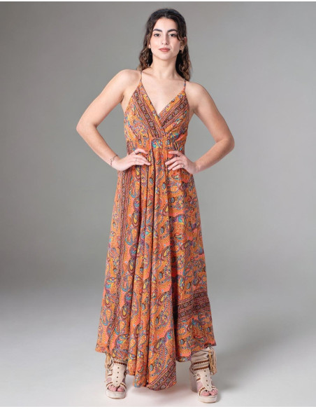Robe Longue en Soie Imprimée Style Hippie avec Fond Orange