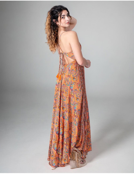 Robe Longue en Soie Imprimée Style Hippie avec Fond Orange