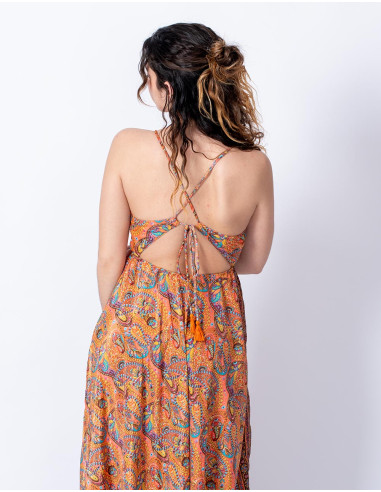 Vestido longo de seda estampado estilo hippie...