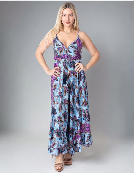 Robe longue style hippie avec imprimé fond bleu clair